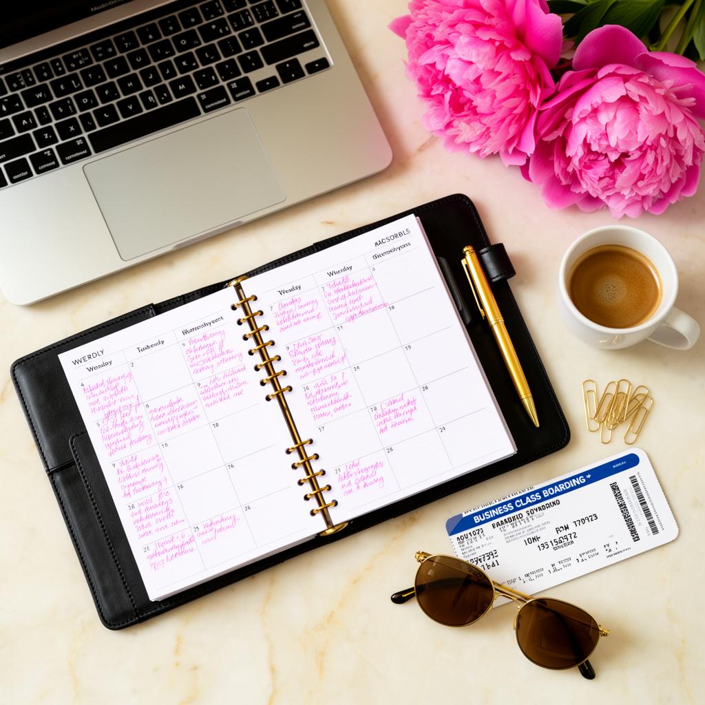 Luxury planner with hot pink calendar entries, MacBook, peonies and a business class boarding pass