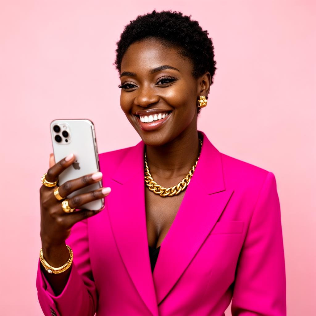 Confident woman entrepreneur in magenta blazer creating content with her phone